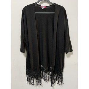 Body Central Large Black Open Front Cardigan Witchy Glam Boho Crochet Fringe